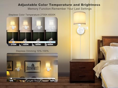GOODATE Plug in Wall Sconces with Remote Control, Dimming, Adjustable Colors 2700K-6500K, Hardwire or Plug-in, Swing Arm Wall Lamp, Wall Sconces Set of Two, White Fabric Shade, White Finish - color: White & White