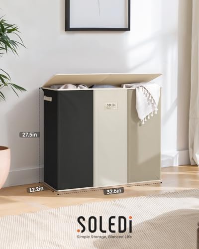 SOLEDI 180L 3-Section Laundry Hamper with Lid, Extra Large Dirty Clothes Basket with Sturdy Handles for Laundry Room & Bedroom - Durable Organizer for Sorting Laundry - color: Black/White/Moon Grey, size: 180L