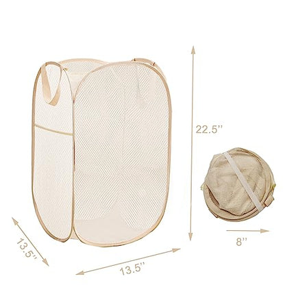 Pop Up Laundry Basket Folding Laundry Hamper Mesh Hamper Storage Bin | Beige Collapsible Laundry Basket Side Pocket Foldable Space Saving Laundry Bag for College Dorms, Travelling, Cruise, Camping - color: Beige