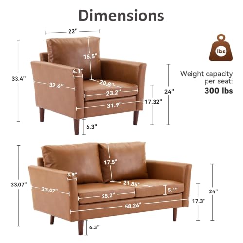 58" Faux Leather Loveseat Sofa, Mid Century Modern Leather Couch for Living Room, Small Love Seat for Small Spaces, 2-Seater with Rolled Arms and Deep Seats, Dark Brown - color: Dark Brown, size: Loveseat
