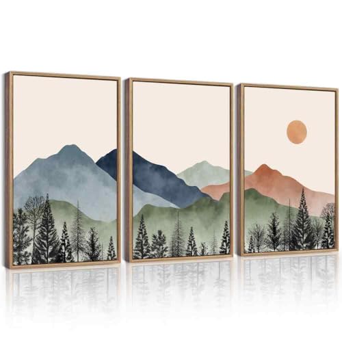 KUVIOKE Mountain Landscape Framed Wall Art Watercolor Nature Painting Boho Sun Rise Prints Farmhouse Rustic Room Decor Ready to Hang 16x24in (Natural Framed) - color: Watercolor Mountain, size: 16 x 24in x 3 Panels Natural