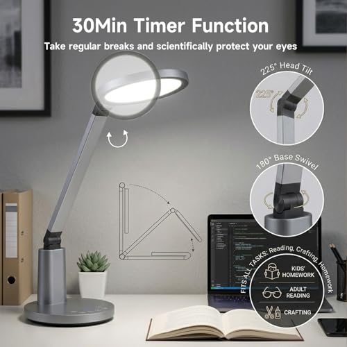 Desk Lamp for Home Office, Eye-Caring Diffused Table Lamp, 3 Colors & Dimmable Computer Lamp with Timer Function, Metal Swing Arm Reading Light
