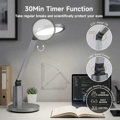 Desk Lamp for Home Office, Eye-Caring Diffused Table Lamp, 3 Colors & Dimmable Computer Lamp with Timer Function, Metal Swing Arm Reading Light