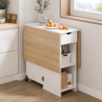 Mondeer Folding Dining Table with Drawer and Shelves, Oak & White | Drop Leaf Kitchen Table with 1 Drawer and 2 Storage Shelves in Modern Style for Small Spaces and Seats 4-6 People. - color: Oak & White