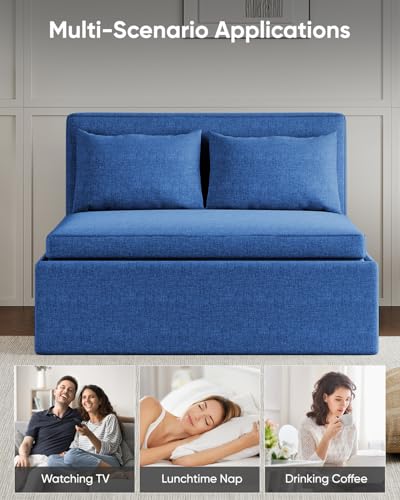 43.3" Twin Size Pull Out Sofa Bed，3-in-1 Linen Convertible Sleeper Sofa Bed,Loveseat Pullout Bed with Pillows and Tri-fold Mattress for Small Space/Bedroom,Dark Blue - color: Dark Blue, size: Twin