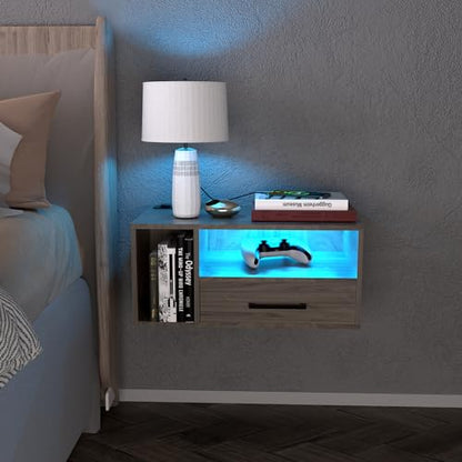 Floating Nightstand with Lights, Grayish Brown | Floating Bedside Table with Drawers Wall Mounted Nightstands,for Bedroom Room, 21.3" x 11.8" x 10" - color: Grayish Brown