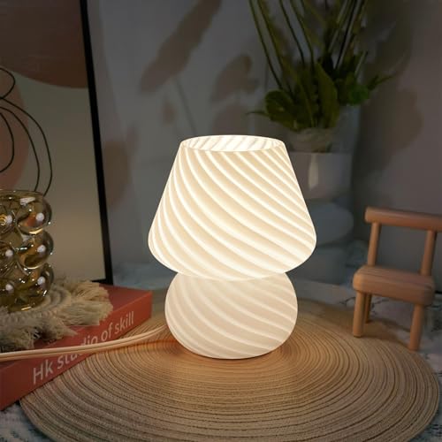 ONEWISH Mushroom Lamp-Small Bedside Table Lamp with Striped Glass, Nightstand Lamp for Bedroom, Living Room, 3000K E26 Bulb Included(White) - color: Not-dimmable-‎white-1pack