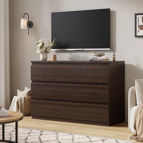Jocoevol Modern Brown 7 Drawer Dresser for Bedroom, Simply Chest of Drawers, Wood Storage Dresser with Deep Drawers for Living Room Hallway Entryway, Brown - color: Brown