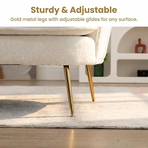 Modern Boucle Loveseat Couch, Futon Small Sofa with Gold Metal Legs | 2-Seater Upholstered Mini Sofa Couches for Small Space,Living Room Bedroom Office Dorm Studio Apartment Love Seat Couche - color: White