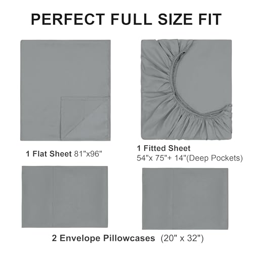 Full Sheet Sets, Cotton Blended Breathable Bed Sheets 4 Piece, Deep Pocket Up to 14", 1 Fitted Sheet, 1 Flat Sheet and 2 Pillowcases (Grey, Full) - color: Grey-4pcs Sheet Set, size: Full