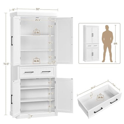 Yaheetech 72.5" H Freestanding 4-Door Kitchen Storage Cabinet,White | Stand up pantry with adjustable shelves and wide drawer in an engineered wood body for kitchen/Living Room