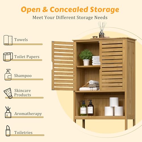 Yardenaler Over-The-Toilet Storage Shelf with Doors, Bathroom Freestanding Bamboo Organizer Space Saver with Adjustable Shelf, Natural - color: Natural