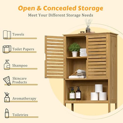 Yardenaler Over-The-Toilet Storage Shelf with Doors, Bathroom Freestanding Bamboo Organizer Space Saver with Adjustable Shelf, Natural - color: Natural