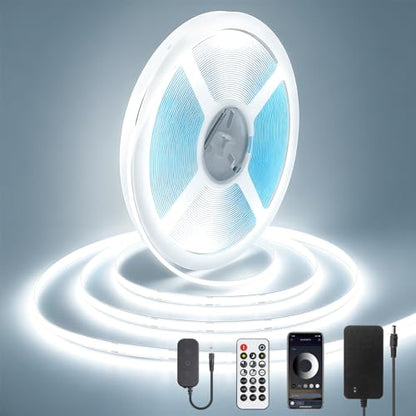 ALITOVE 50FT COB LED Light Strip 24V with Remote Bright White Strip 6500K | Bluetooth APP Control, Dimmable Dotless LED Tape Light. Flexible Rope Light, for Office Home Kitchen Cabinet DIY Lighting - color: 6500K Cold White, size: 50FT