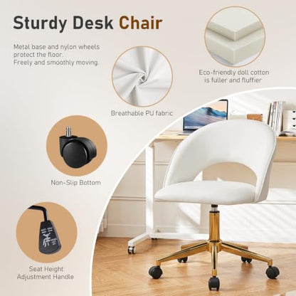 Furnimart Armless Swivel Rolling Desk Chair, Adjustable Faux Leather Vanity Chair with Wheels, Cute Task Chair with Gold Legs for Living Room Bedroom Studying Small Places (PU White) - color: Faux Leather-pu White