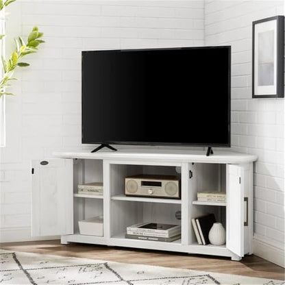 Pemberly Row Modern Rustic Wood Corner TV Stand, 48 in, Whitewash Finish, Fits TVs Up to 50 in, Adjustable Shelving, Cable Management, Antique Brass Hardware, MDF Construction, Living Room - color: Whitewash