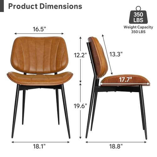 Dining Chairs Set of 4, Mid Century Modern Dining Room Chairs, Upholstered Faux Leather Kitchen Chairs with Walnut Bentwood Back and Metal Legs, Brown - color: Brown, size: Set of 4