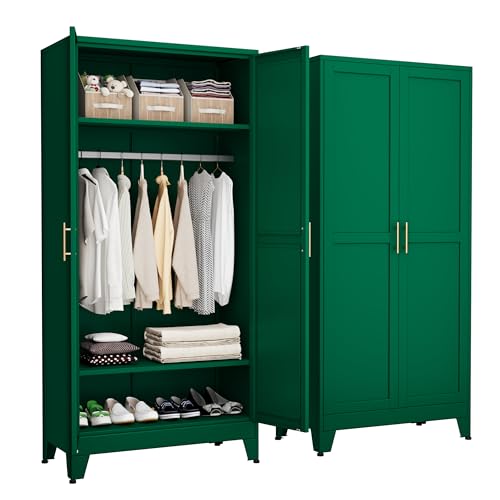 Metal Armoire Wardrobe Closet, 71" Black Clothing Storage Cabinet | with Adjustable Shelves, and Hanging Rod, Steel clothes closets and Storage, for Laundry Room, Bedroom, Home Office - color: No Mirror-green, size: No Drawer