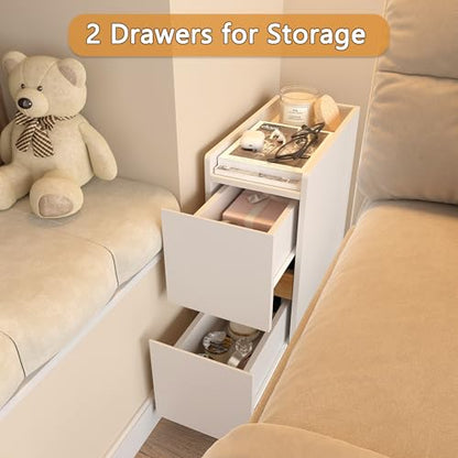 Narrow Night Stands, Modern Slim Nightstand Set of 2, Wooden Skinny Bedside Table 2 Drawers, Stackable Narrow Side Table with Drawers for Small Spaces, Bedroom, Living Room, White - color: White (2pcs)