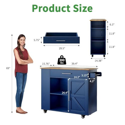 4 EVER WINNER 39" Rolling Kitchen Island with Storage and Drawer, Farmhouse Kitchen Island on Wheels with 3-Tier Spice Rack, Adjustable Shelf & Towel Rack, Mobile Kitchen Cart for Small Space, Blue - style: BLUE