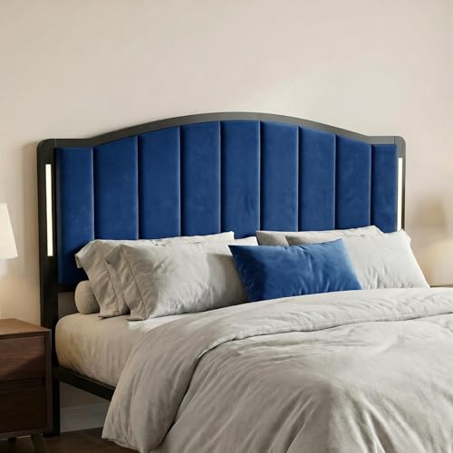 Headboard for Queen Size Bed with LED Lights, Upholstered Vertical Channel Tufting Head Boards, Velvet Headboard Only, Attach Frame, Ideal for Bedroom, Dorm, Guest Room, Blue - color: Blue Velvet, size: Queen