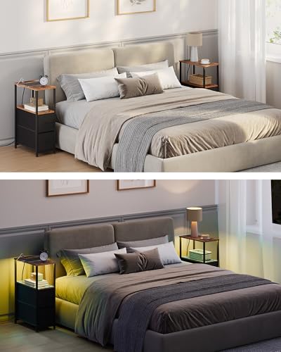 TUTOTAK Narrow LED End Table with Charging Station, Skinny Side Table | Bedside Table with Outlets, Nightstand with 2 Cloth Drawers, Couch Table for Living Room, Bedroom, Brown and Black TB01BB056K - color: Brown and Black, style: 2 Drawers with Plug & Li