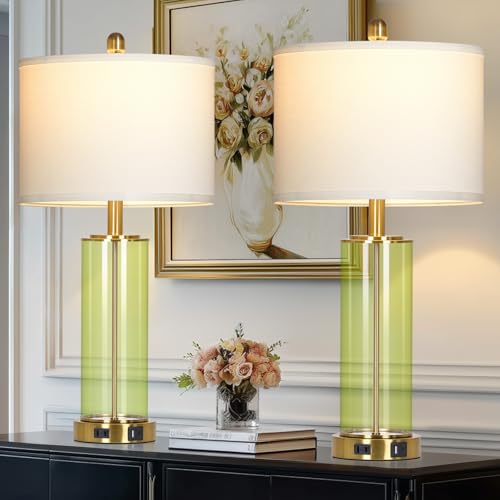 Ruzectt 26" Green Glass Table Lamps for Bedside, Modern Living Room Lamps Set of 2, Elegant Coastal Bedroom Lamp with USB A+C Ports & AC Outlet, 3-Way Dimmable Touch Lamp for Nightstand Dining Table - color: Green