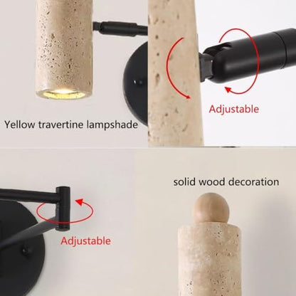 Modern Travertine Stone Wall Sconce, Adjustable Swing Arm Wall Lamp, Black Metal Base Pull Chain Switch Bedside Reading Spotlight for Bedroom Study Room Bedside - color: Walnut