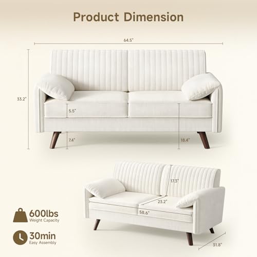 64.5" Loveseat Sofa, Chenille Loveseat Couch for Living Room, Beige | 23.2" Deep Seat Love seat with Padded Arms, Comfy Modern Small Couches for Bedroom, Small Spaces, Dorms, Office, Apartment - color: Beige