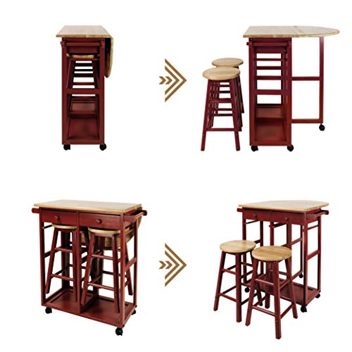 Casual Home Drop Leaf Breakfast Cart with 2 Stools-Red - color: Natural&red