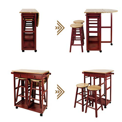 Casual Home Drop Leaf Breakfast Cart with 2 Stools-Red - color: Natural&red