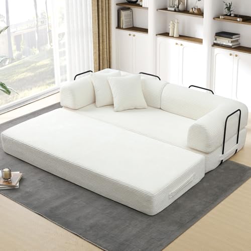 Convertible Folding Sofa Bed, Corduroy Sleeper Mattress Couch with Fixed-Shape Frame, Free Combination Loveseat Lounge Floor Sofa, Queen Size Memory Foam Couch for Living Room, Bedroom, White - color: White