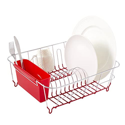 Sweet Home Collection Metal 2 Piece Dish Drying Rack Set Drainer with Utensil Holder Simple Easy to Use Fits in Most Sinks, 14.5" x 13" x 5.25", Red - color: Red