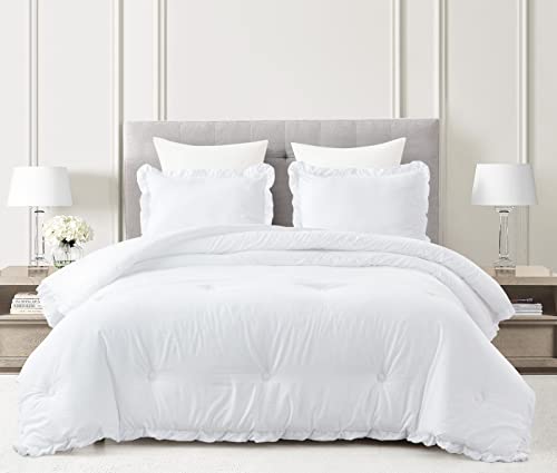 Chezmoi Collection Nora White Comforter Set Full Size 3-Piece Fluffy Soft Stone-Washed Ruffled Shabby Chic Bedding for All Season - color: White, Ruffled Edge, size: Full