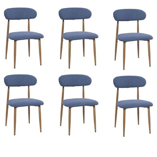 FREKEN Modern Upholstered Dining Chairs Set of 6, Mid-Century Metal Frame with Wood Grain, Linen Fabric Side Chair for Kitchen Dining Room, 350lbs Capacity, Blue - color: Blue - Wood Grain Legs, size: Set of 6