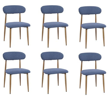 FREKEN Modern Upholstered Dining Chairs Set of 6, Mid-Century Metal Frame with Wood Grain, Linen Fabric Side Chair for Kitchen Dining Room, 350lbs Capacity, Blue - color: Blue - Wood Grain Legs, size: Set of 6
