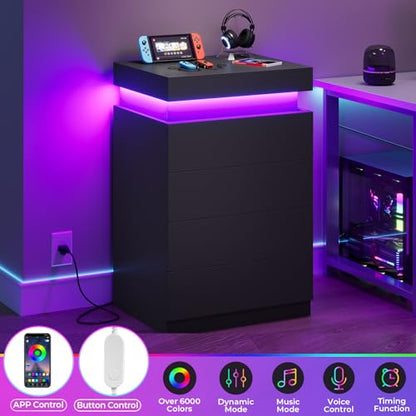 ADORNEVE Black Large Modern Night Stand Set of 2 | Tall Nightstand with Charging Station & LED Light & Sliding Top,Bedside Table with Drawers,Bed Side Tables Bedroom - color: Black, size: 2PC