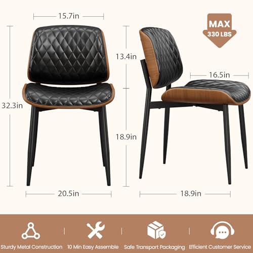 Dining Chairs Set of 2, Mid-Century Modern Upholstered PU Leather Chairs | with Walnut Back and Metal Legs Adjustable Feet for Kitchen Dining Room, Black Diamond Plaid - color: Black Diamond Plaid