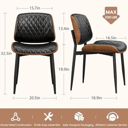 Dining Chairs Set of 2, Mid-Century Modern Upholstered PU Leather Chairs | with Walnut Back and Metal Legs Adjustable Feet for Kitchen Dining Room, Black Diamond Plaid - color: Black Diamond Plaid