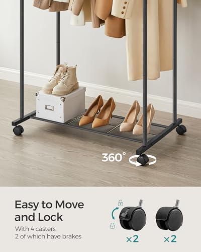 SONGMICS Double Rods Clothes Rack with Wheels, Clothing Rack for Hanging Clothes, Heavy Duty Garment Rack with Mesh Storage Shelf, 2 Brakes, Each Top Rail Holds up to 77 lb, Black UHSR26BKV1 - color: Black, style: Double Rod