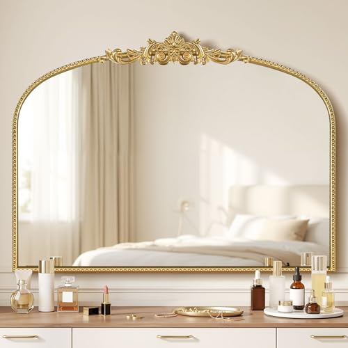 Gold Vintage Mirror 32''x24'' Laurel Leaf Design | Ornate Beaded Frame Vanity Mirror, Antique Style Bathroom Mirror for Living Room, Entryway，Dresser, Mantle - color: Gold, size: 24"L x 32"W