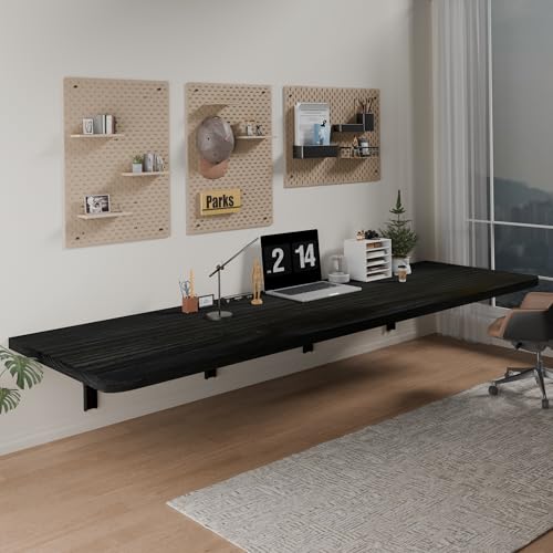IAE Floating Wall Mounted Folding Table Desk with Pine Wood,72x22in, Black | Foldable Workbench,Fold Down Wall Mounted Foldable Desk with Shelf Brackets,Laundry Folding Table for Home,Dining,Kitchen - color: Black, size: 72*22*10 Inch