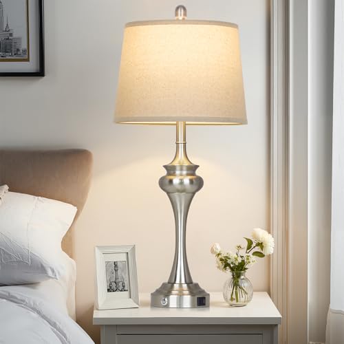 Rinweey 30" Silver Table Lamps Set of 2, 3 Way Touch Control Living Room Lamp with USB A+C Ports, Modern Brushed Nickel Bedroom Lamps, Tall Metal Bedside Lamp for Nightstand Desk Side Table Office - color: Silver-30”H