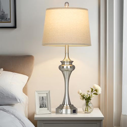 Rinweey 30" Silver Table Lamps Set of 2, 3 Way Touch Control Living Room Lamp with USB A+C Ports, Modern Brushed Nickel Bedroom Lamps, Tall Metal Bedside Lamp for Nightstand Desk Side Table Office - color: Silver-30”H