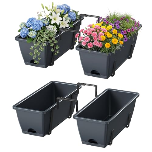 Deck Railing Planter Boxes Set of 2, Adjustable Window Planter Box with Removable Hanging Plant Holder, 17 Inch Rectangular Herb Garden Planters for Porch Fence Balcony Apartment Patio Decor, Grey - color: Gray