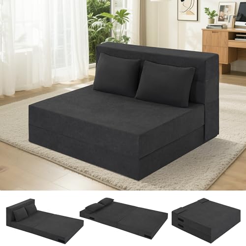 Fvkind Folding Futon Couch, Convertible Sleeper, Standard Size, Dark Grey | Ribbed Corduroy Fabric - Foldable Guest Bed - Bedroom & Living Room - Adults & Visitors - Easy Fold Storage - color: Dark Grey, size: Twin