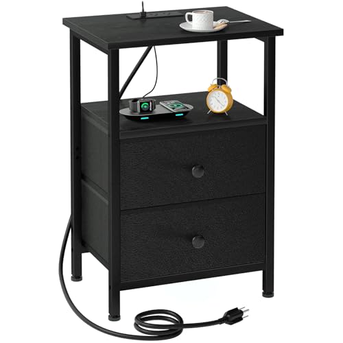 Night Stand, Small Nightstand with Charging Station | Bedside Table with 2 Fabric Drawers, End Table Living Room, Side Table with USB & Type-C Ports for Bedroom, Black - color: Black, style: Two-drawer