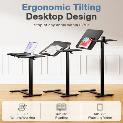 DUMOS Adjustable Bedside Overbed Table with Wheels, Black | Laptop Standing Desk with Tilting Top Height, Mobile Rolling Computer Cart for Hospital Home Bedroom Use - color: Black, size: 27.4" x 15.7" x 43.3"