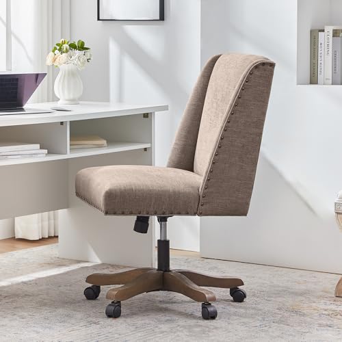 Upholstered Armless Office Chair Fabric Swivel Home Desk Chair with Wheels | Modern Comfy Boho Office Chair with Wooden Legs Adjustable Desk Chair no Arms for Sewing Women Farmhouse Study Studio Brown - color: Brown