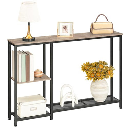 HOOBRO Narrow Console Table, Sofa Table, 44.9" Skinny Entryway Table, Long Behind Couch Table with Storage Shelves, for Living Room, Foyer, Hallway, Greige and Black BG86XG01 - color: Greige + Black